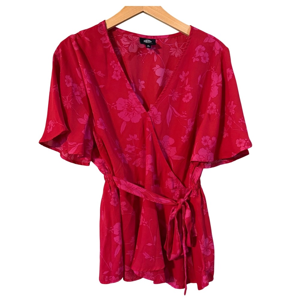 Bobeau Womens XL Red Pink Floral Wrap Top Flutter Sleeve Elastic Waist Rayon
